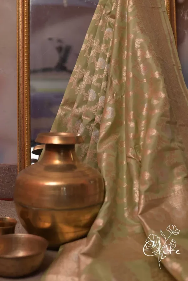 Pure katan Silk Handwoven Mina Benarasi golden jall Olive Saree