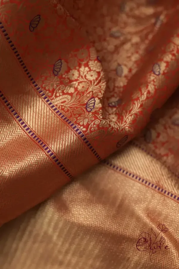 Pure katan Silk Handwoven mina Benarasi golden and Red Saree