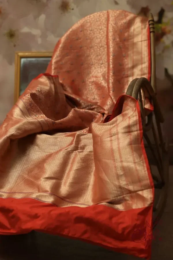Pure katan Silk Handwoven mina Benarasi golden and Red Saree