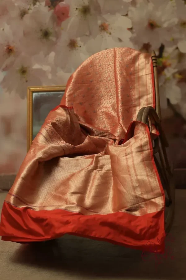 Pure katan Silk Handwoven mina Benarasi golden and Red Saree