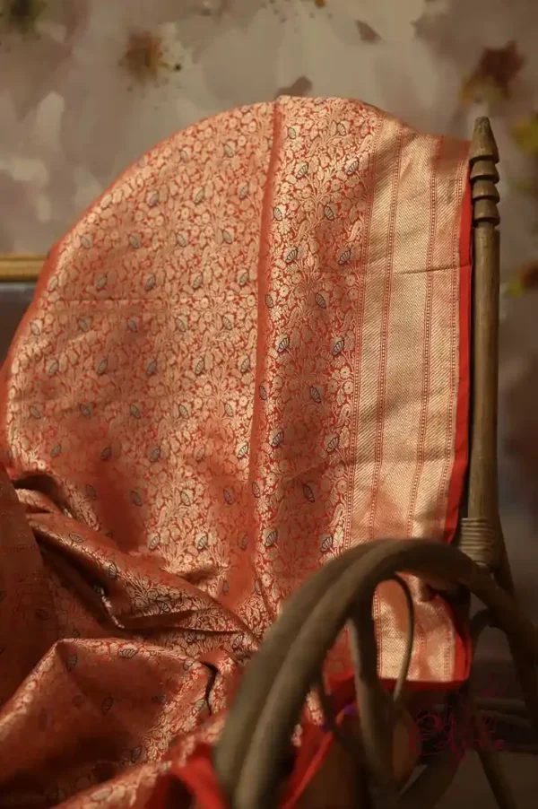 Pure katan Silk Handwoven mina Benarasi golden and Red Saree