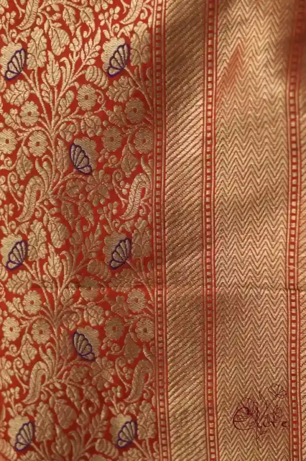 Pure katan Silk Handwoven mina Benarasi golden and Red Saree