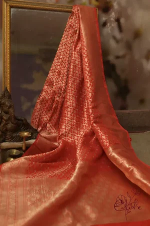 Pure katan Silk Handwoven mina jall Benarasi golden and Red Saree