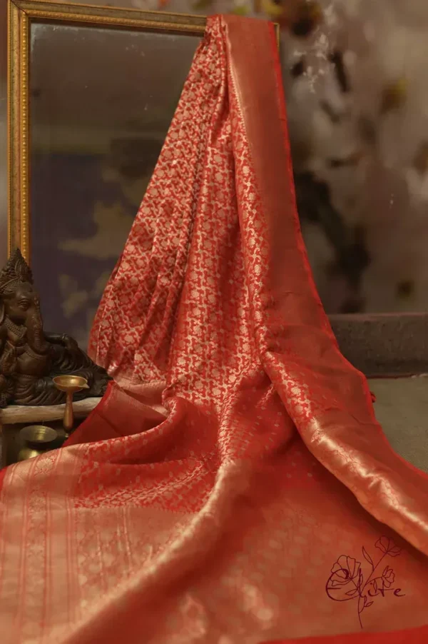 Pure katan Silk Handwoven mina jall Benarasi golden and Red Saree