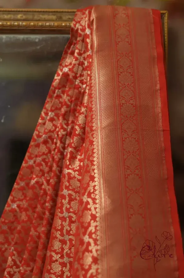 Pure katan Silk Handwoven mina jall Benarasi golden and Red Saree
