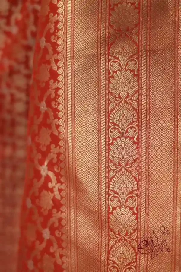 Pure katan Silk Handwoven mina jall Benarasi golden and Red Saree