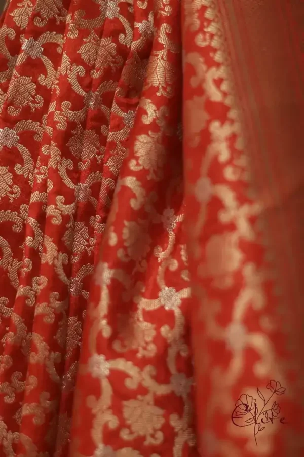 Pure katan Silk Handwoven mina jall Benarasi golden and Red Saree