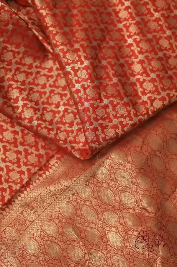 Pure katan Silk Handwoven mina jall Benarasi golden and Red Saree