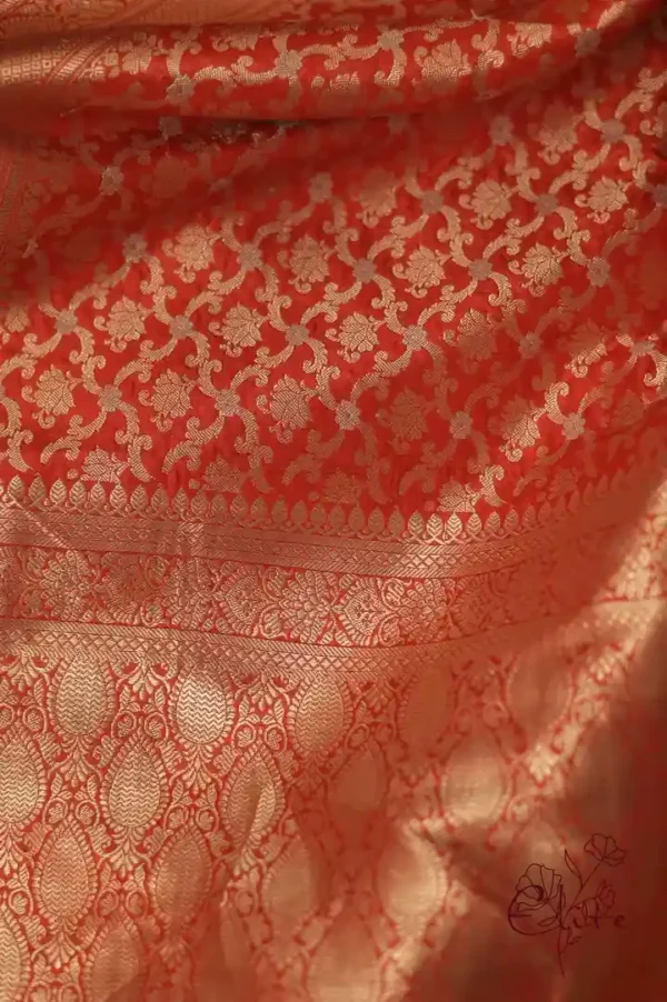 Pure katan Silk Handwoven mina jall Benarasi golden and Red Saree