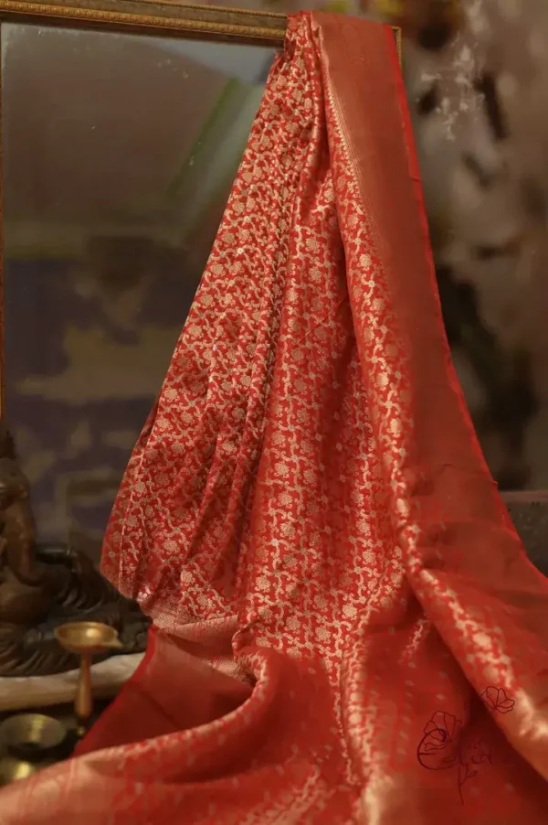 Pure katan Silk Handwoven mina jall Benarasi golden and Red Saree