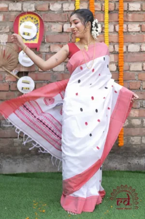 White on Black and Red Kulo Pure cotton Saree