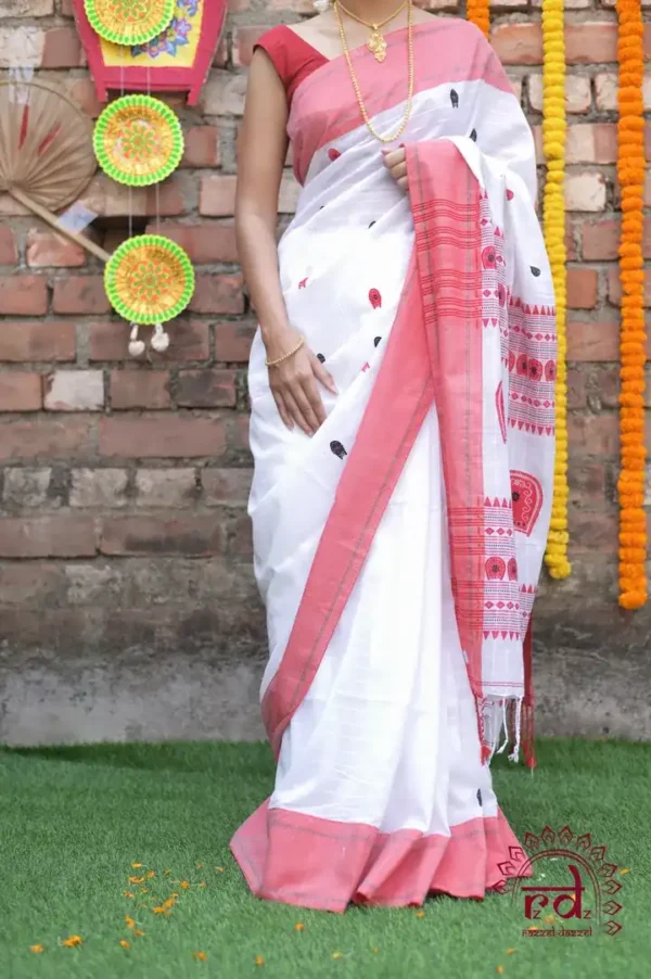White on Black and Red Kulo Pure cotton Saree