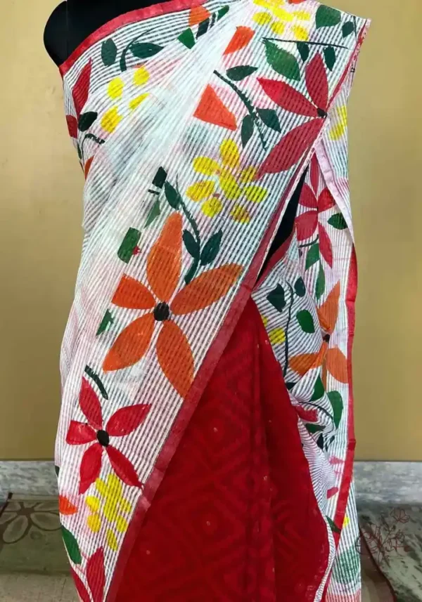 White body Kota on Floral Fabric work and Red Dhakai Patli Pallu Saree