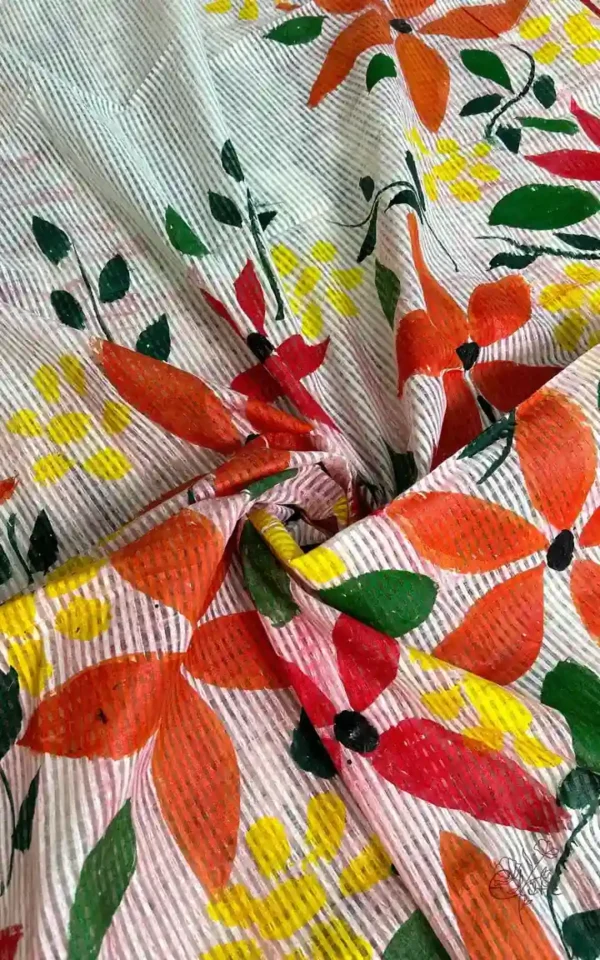 White body Kota on Floral Fabric work and Red Dhakai Patli Pallu Saree
