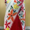 White body Kota on Floral Fabric work and Red Dhakai Patli Pallu Saree