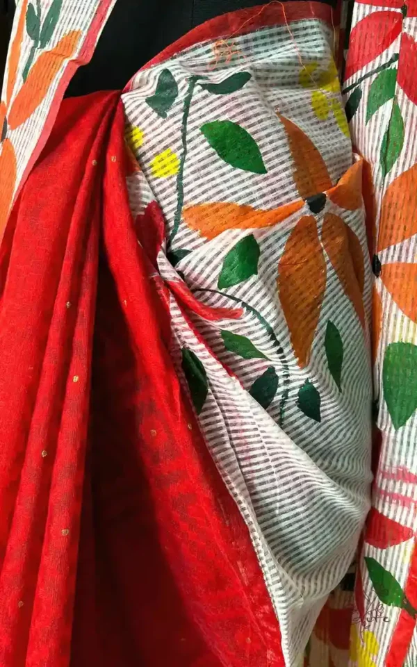 White body Kota on Floral Fabric work and Red Dhakai Patli Pallu Saree