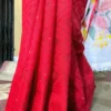 White body Kota on Floral Fabric work and Red Dhakai Patli Pallu Saree
