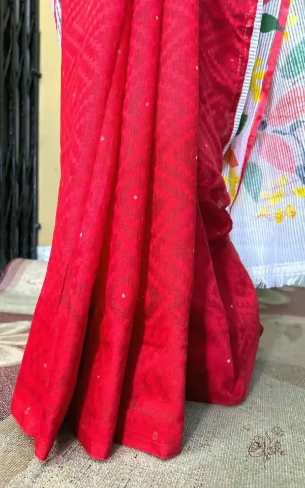 White body Kota on Floral Fabric work and Red Dhakai Patli Pallu Saree