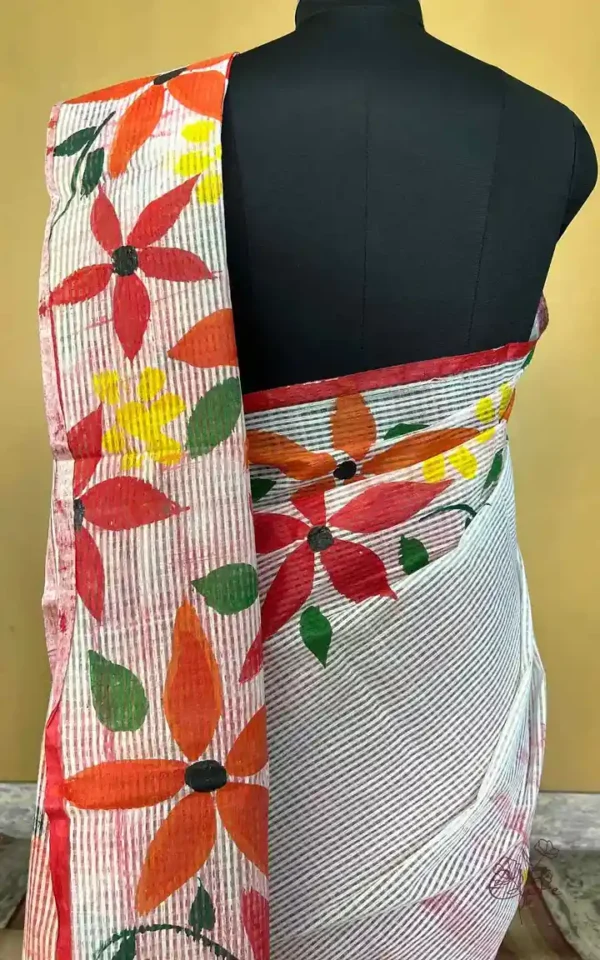 White body Kota on Floral Fabric work and Red Dhakai Patli Pallu Saree