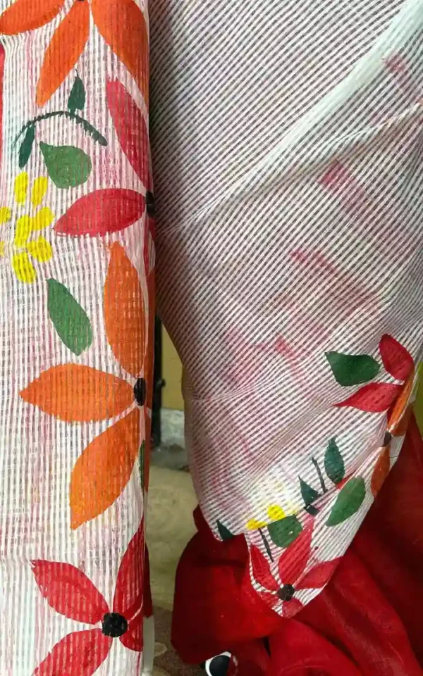 White body Kota on Floral Fabric work and Red Dhakai Patli Pallu Saree