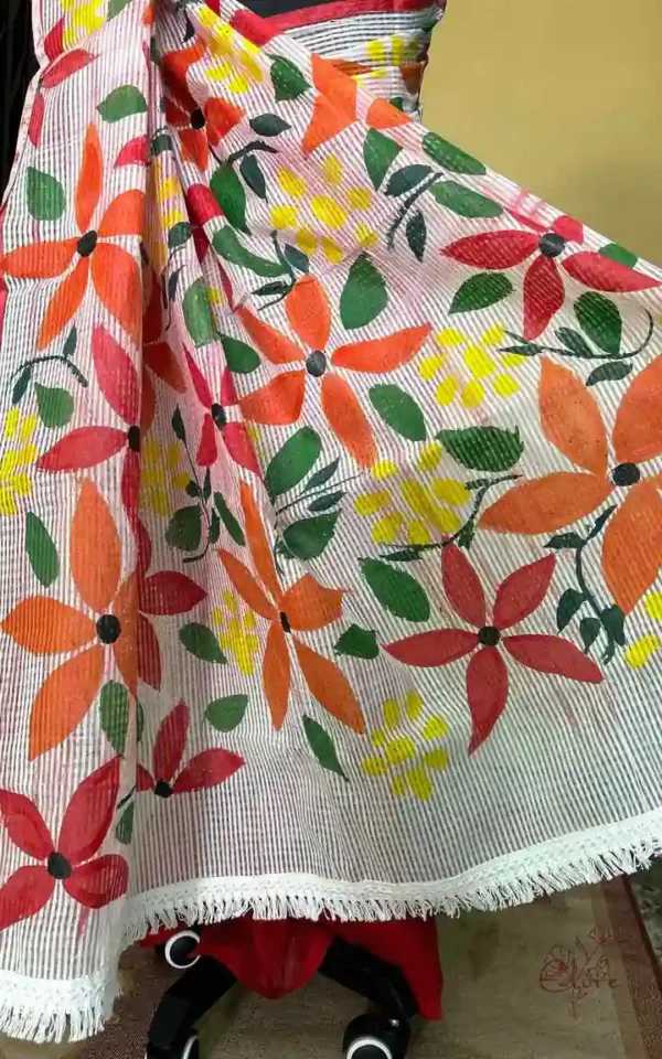 White body Kota on Floral Fabric work and Red Dhakai Patli Pallu Saree