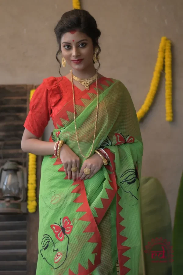 Green with Butterfly Applique work on Handloom Resham kota Saree