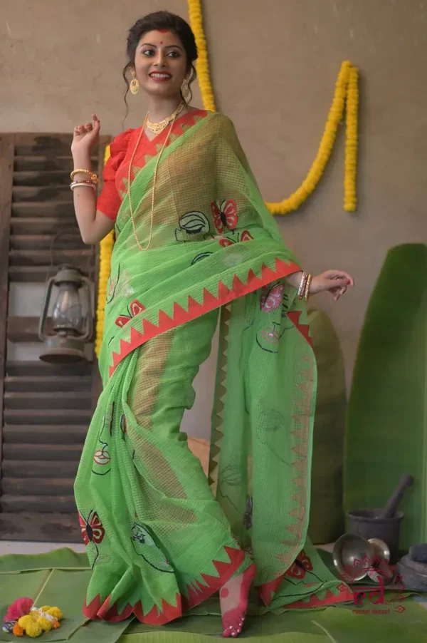 Green with Butterfly Applique work on Handloom Resham kota Saree