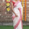 White on Red Mercerised cotton Asaam Dolabari Handloom Khadi Saree