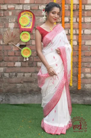 White on Red Mercerised cotton Asaam Dolabari Handloom Khadi Saree
