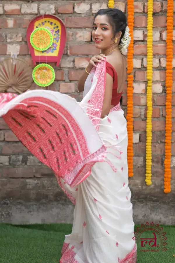 White on Red Mercerised cotton Asaam Dolabari Handloom Khadi Saree