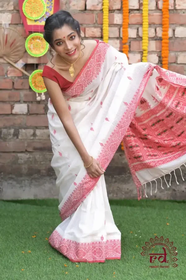 White on Red Mercerised cotton Asaam Dolabari Handloom Khadi Saree