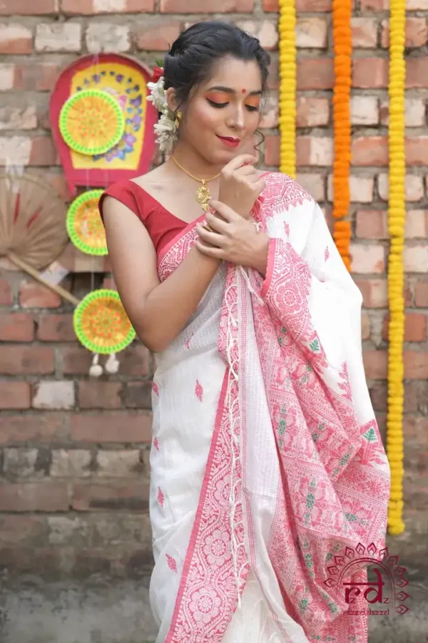 White on Red Mercerised cotton Asaam Dolabari Handloom Khadi Saree