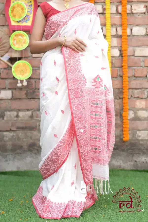 White on Red Mercerised cotton Asaam Dolabari Handloom Khadi Saree