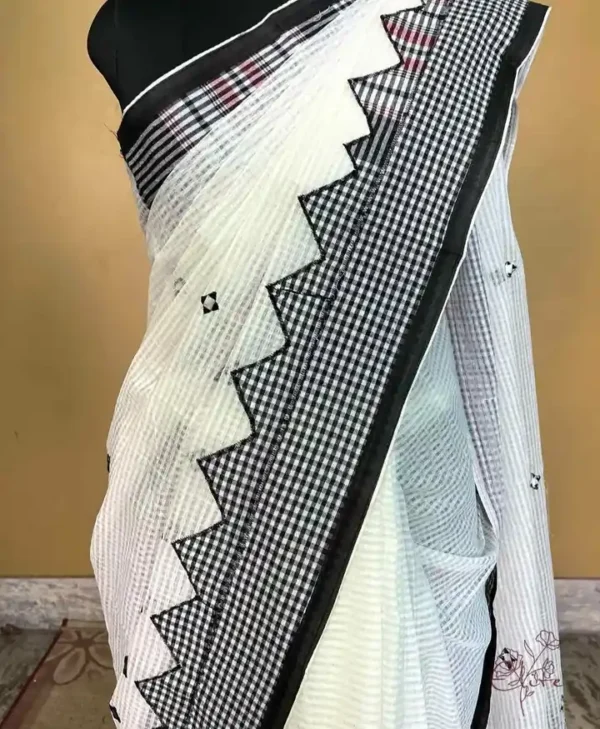 White on Gamcha Waves Applic work Kota Saree