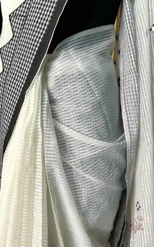 White on Gamcha Waves Applic work Kota Saree