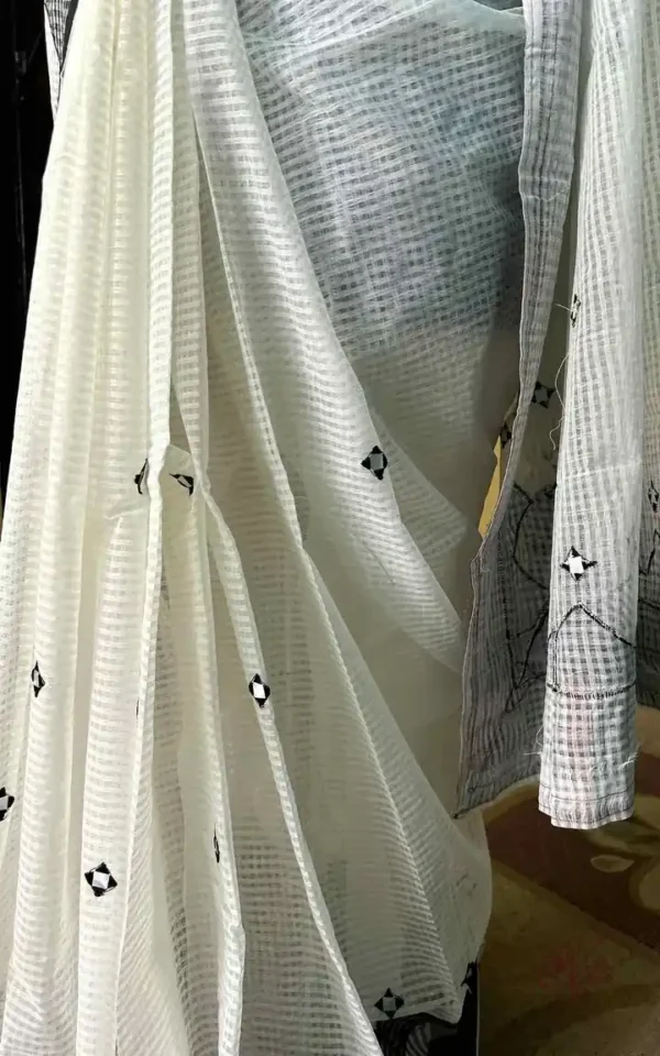 White on Gamcha Waves Applic work Kota Saree