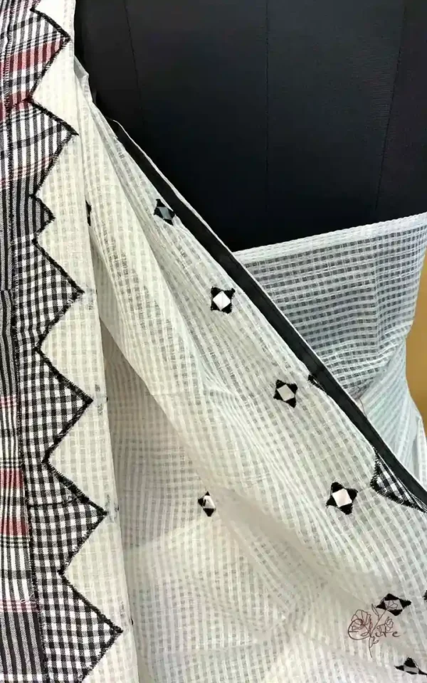 White on Gamcha Waves Applic work Kota Saree