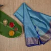 Aqua Blue with Golden Border Tanchuee work on Kora silk saree
