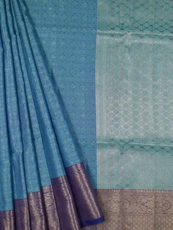 Aqua Blue with Golden Border Tanchuee work on Kora silk saree