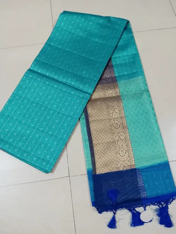 Aqua Blue with Golden Border Tanchuee work on Kora silk saree