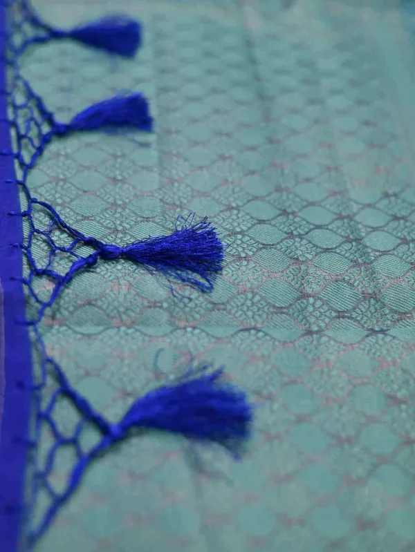 Aqua Blue with Golden Border Tanchuee work on Kora silk saree