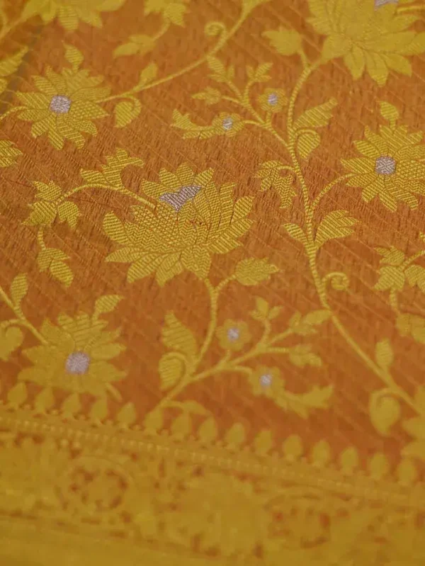 Yellow with Green Border Tanchuee work on Kora silk saree