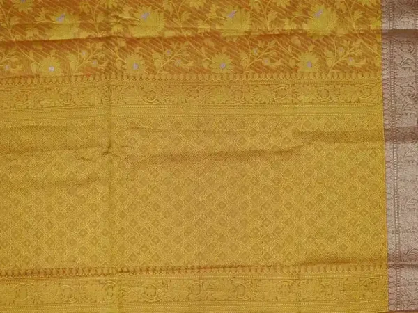 Yellow with Green Border Tanchuee work on Kora silk saree