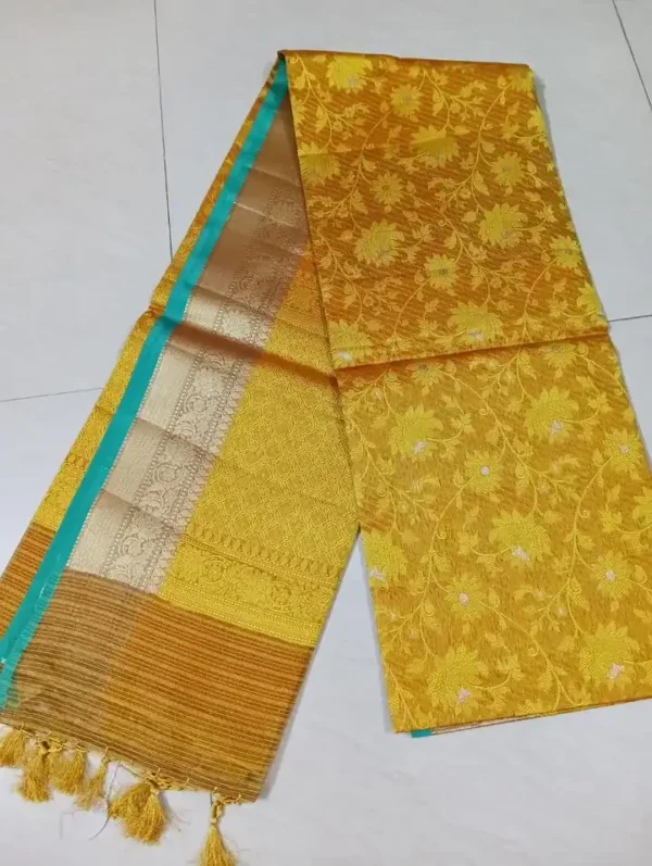 Yellow with Green Border Tanchuee work on Kora silk saree