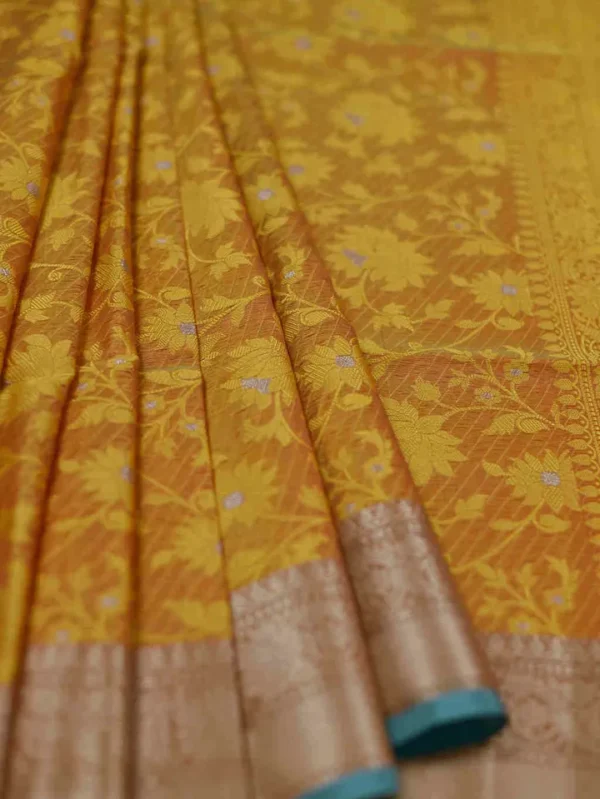 Yellow with Green Border Tanchuee work on Kora silk saree