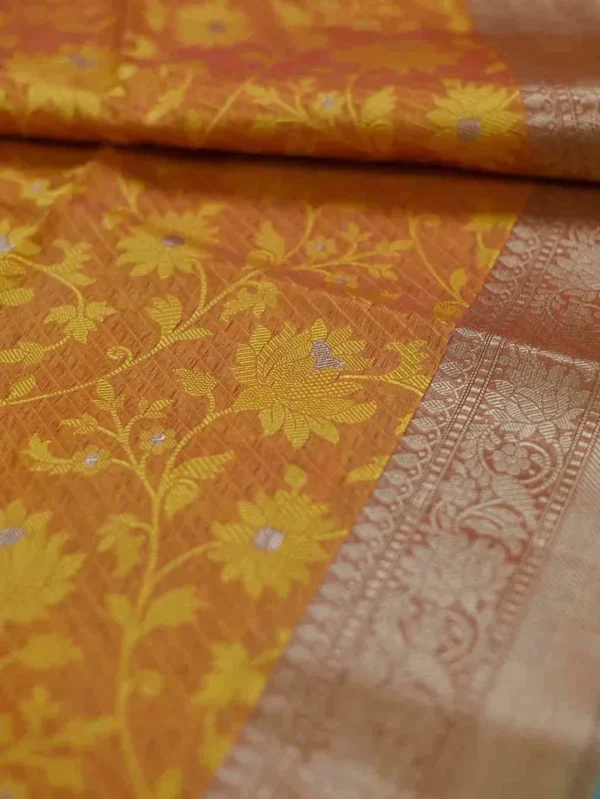 Yellow with Green Border Tanchuee work on Kora silk saree