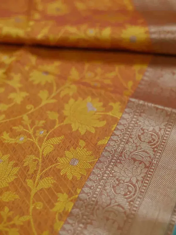 Yellow with Green Border Tanchuee work on Kora silk saree