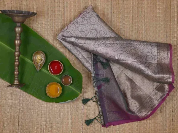 Dark Green with Magenta Border Tanchuee work on Kora silk saree