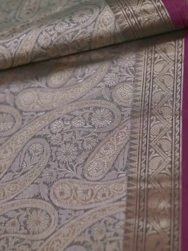 Dark Green with Magenta Border Tanchuee work on Kora silk saree