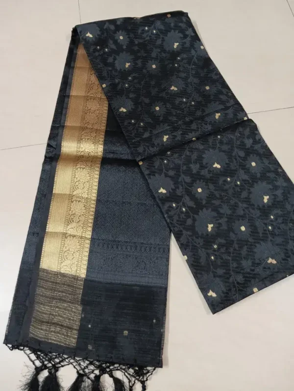 Black with Golden Border Tanchuee work on Kora silk saree